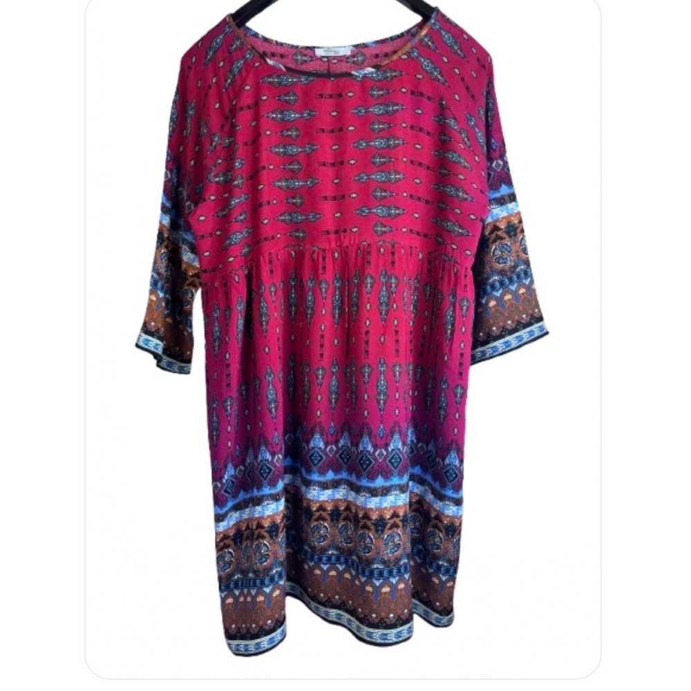 Meaveor Dress Red Multicolor Sz Large 3/4‎ sleeves lightweight